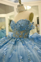 Misshow Baby Blue Ball Gown Off-Shoulder Beaded Tulle Quinceanera Dress with 3D Floral Appliques & Sparkly Tiered Skirt for Sweet 16 & Formal Events