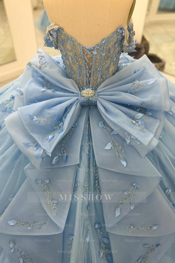 Misshow Baby Blue Ball Gown Off-Shoulder Beaded Tulle Quinceanera Dress with 3D Floral Appliques & Sparkly Tiered Skirt for Sweet 16 & Formal Events