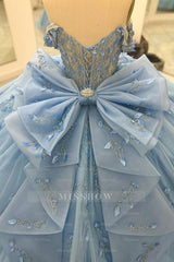 Misshow Baby Blue Ball Gown Off-Shoulder Beaded Tulle Quinceanera Dress with 3D Floral Appliques & Sparkly Tiered Skirt for Sweet 16 & Formal Events