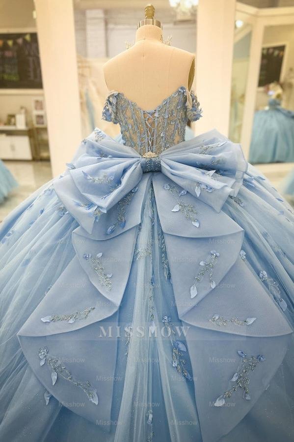 Misshow Baby Blue Ball Gown Off-Shoulder Beaded Tulle Quinceanera Dress with 3D Floral Appliques & Sparkly Tiered Skirt for Sweet 16 & Formal Events