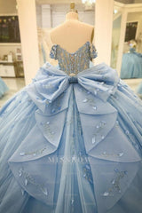 Misshow Baby Blue Ball Gown Off-Shoulder Beaded Tulle Quinceanera Dress with 3D Floral Appliques & Sparkly Tiered Skirt for Sweet 16 & Formal Events