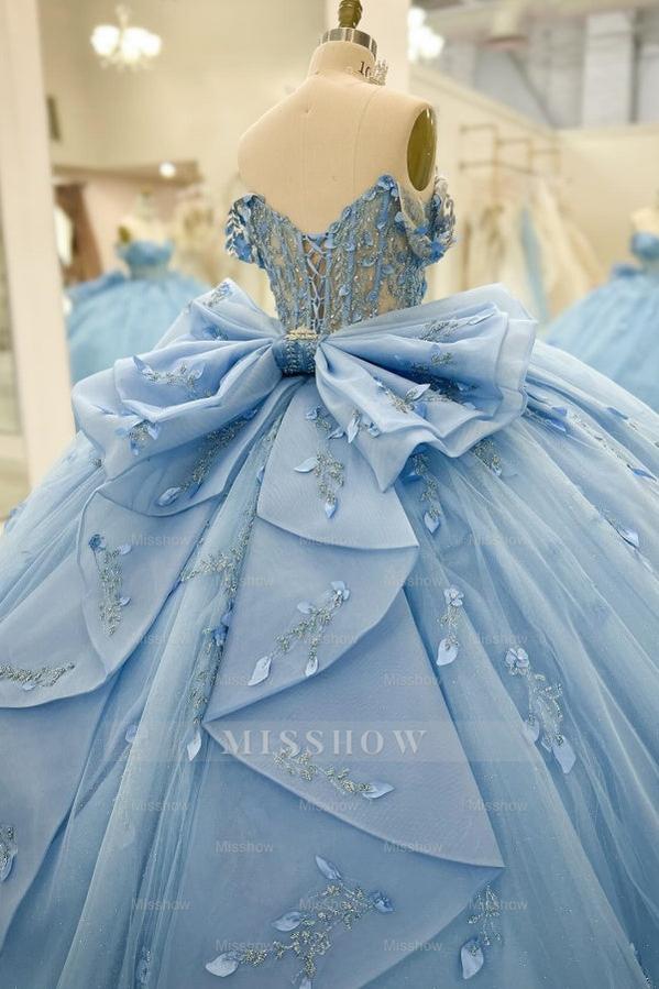 Misshow Baby Blue Ball Gown Off-Shoulder Beaded Tulle Quinceanera Dress with 3D Floral Appliques & Sparkly Tiered Skirt for Sweet 16 & Formal Events