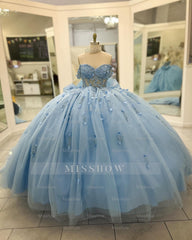 Misshow Baby Blue Ball Gown Off-Shoulder Beaded Tulle Quinceanera Dress with 3D Floral Appliques & Sparkly Tiered Skirt for Sweet 16 & Formal Events