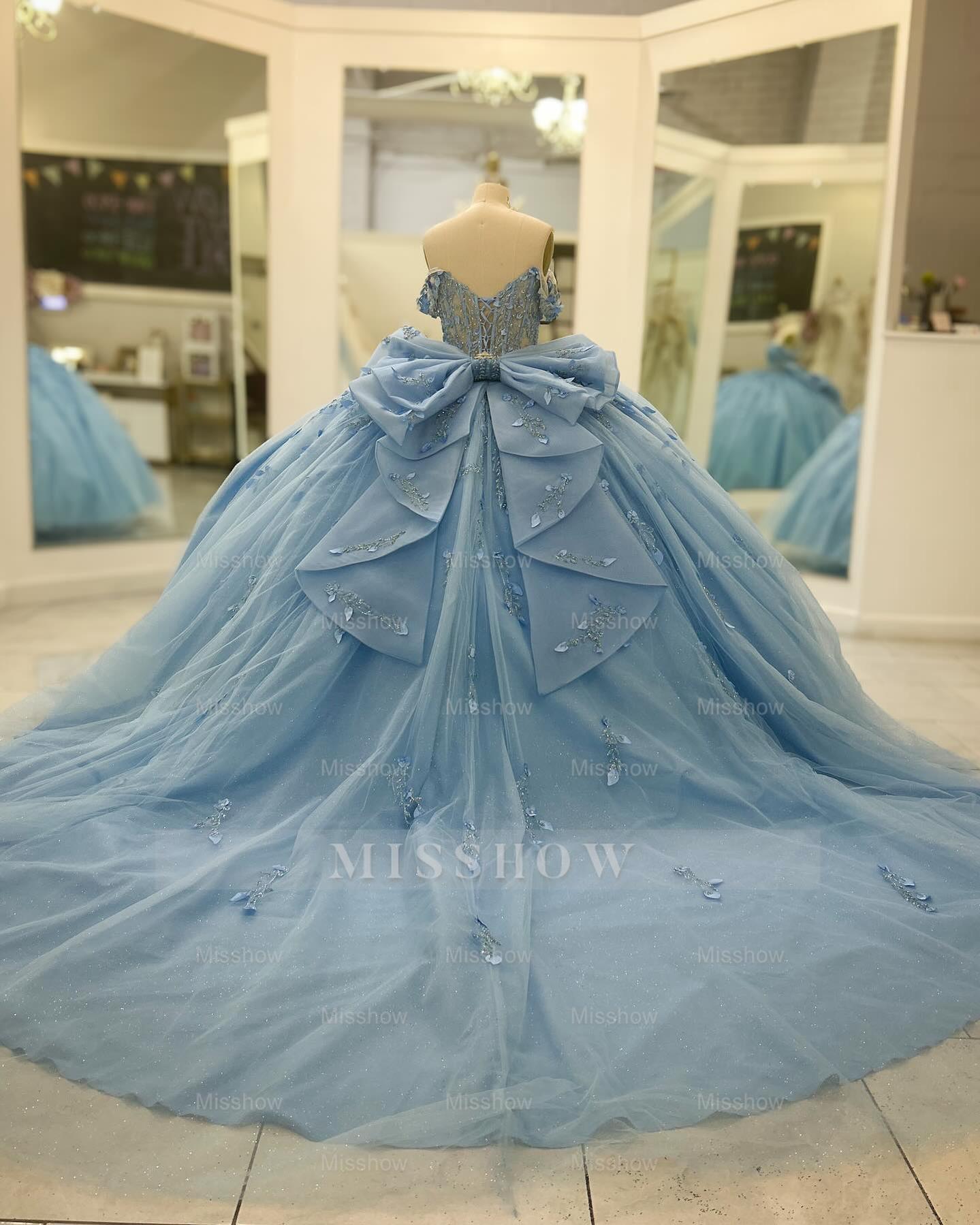 Misshow Baby Blue Ball Gown Off-Shoulder Beaded Tulle Quinceanera Dress with 3D Floral Appliques & Sparkly Tiered Skirt for Sweet 16 & Formal Events