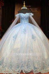 Misshow Baby Blue Ball Gown Off-Shoulder Sequined Tulle Quinceanera Dress for Sweet 16 & Formal Events