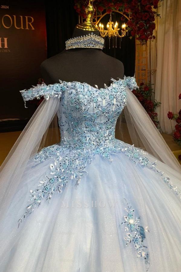 Misshow Baby Blue Ball Gown Off-Shoulder Sequined Tulle Quinceanera Dress for Sweet 16 & Formal Events