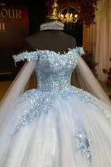 Misshow Baby Blue Ball Gown Off-Shoulder Sequined Tulle Quinceanera Dress for Sweet 16 & Formal Events