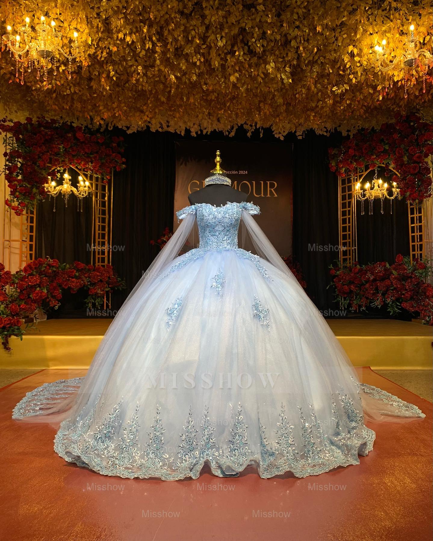 Misshow Baby Blue Ball Gown Off-Shoulder Sequined Tulle Quinceanera Dress for Sweet 16 & Formal Events