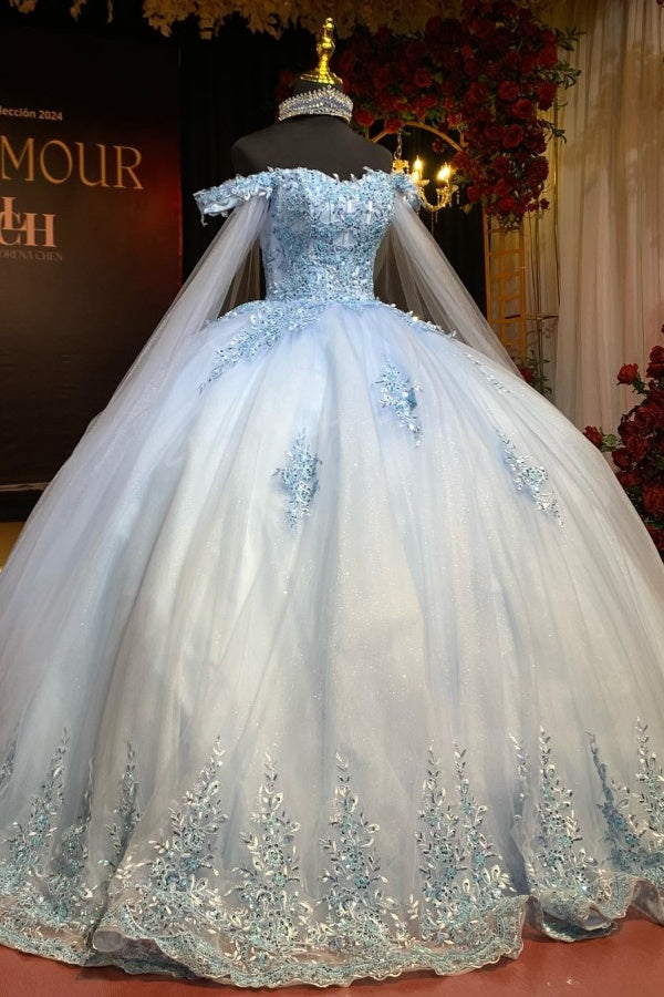 Misshow Baby Blue Ball Gown Off-Shoulder Sequined Tulle Quinceanera Dress for Sweet 16 & Formal Events
