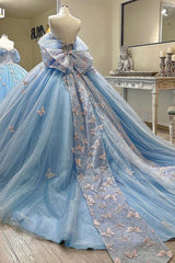 Misshow Baby Blue Ball Gown Off-Shoulder Sleeveless Tulle Quinceanera Dress with Beaded Sequins & 3D Butterfly Appliques