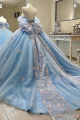 Misshow Baby Blue Ball Gown Off-Shoulder Sleeveless Tulle Quinceanera Dress with Beaded Sequins & 3D Butterfly Appliques