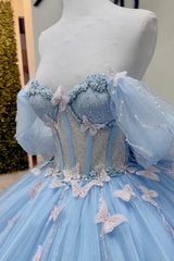 Misshow Baby Blue Ball Gown Off-Shoulder Sleeveless Tulle Quinceanera Dress with Beaded Sequins & 3D Butterfly Appliques