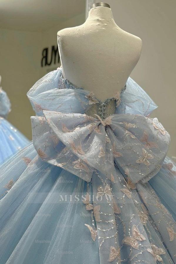 Misshow Baby Blue Ball Gown Off-Shoulder Sleeveless Tulle Quinceanera Dress with Beaded Sequins & 3D Butterfly Appliques