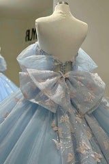 Misshow Baby Blue Ball Gown Off-Shoulder Sleeveless Tulle Quinceanera Dress with Beaded Sequins & 3D Butterfly Appliques