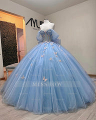 Misshow Baby Blue Ball Gown Off-Shoulder Sleeveless Tulle Quinceanera Dress with Beaded Sequins & 3D Butterfly Appliques