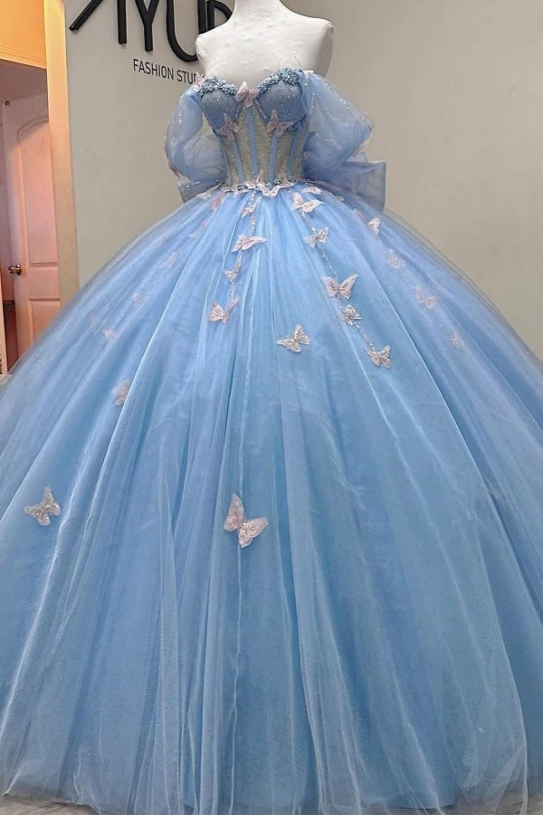 Misshow Baby Blue Ball Gown Off-Shoulder Sleeveless Tulle Quinceanera Dress with Beaded Sequins & 3D Butterfly Appliques