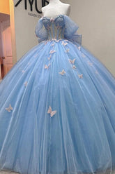 Misshow Baby Blue Ball Gown Off-Shoulder Sleeveless Tulle Quinceanera Dress with Beaded Sequins & 3D Butterfly Appliques