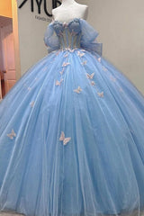 Misshow Baby Blue Ball Gown Off-Shoulder Sleeveless Tulle Quinceanera Dress with Beaded Sequins & 3D Butterfly Appliques
