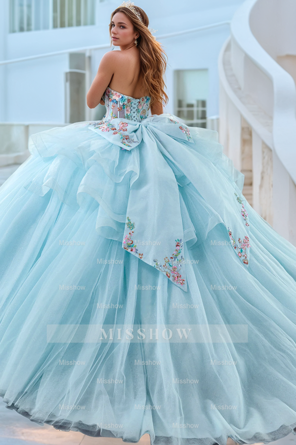 Misshow Baby Blue Ball Gown Sweetheart Neckline with Detachable Sleeves 3D Floral Appliques & Lace-Up Back for Quinceanera Sweet 16 or Evening Galas