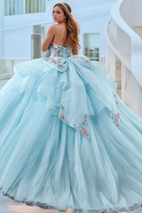 Misshow Baby Blue Ball Gown Sweetheart Neckline with Detachable Sleeves 3D Floral Appliques & Lace-Up Back for Quinceanera Sweet 16 or Evening Galas