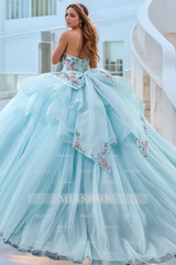 Misshow Baby Blue Ball Gown Sweetheart Neckline with Detachable Sleeves 3D Floral Appliques & Lace-Up Back for Quinceanera Sweet 16 or Evening Galas