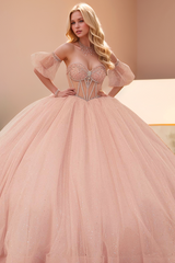 Misshow Baby Pink Glitter Tulle Quinceanera Dress Sweetheart Neckline Detachable Lantern Sleeves & Beaded Sequins for Princess Ball Gowns