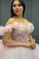 Misshow Baby Pink Tulle Quinceanera Dress Off-Shoulder Beaded Ball Gown with Glitter Pleats for Sweet 16 & Formal Events