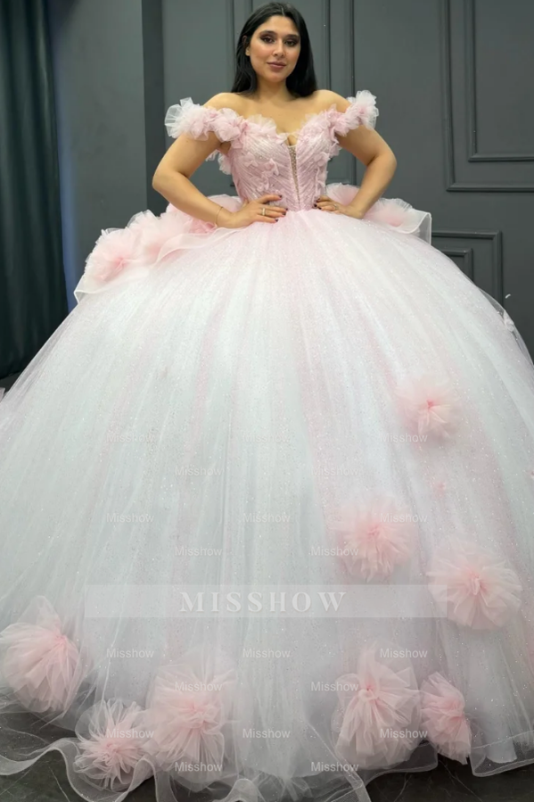 Misshow Baby Pink Tulle Quinceanera Dress Off-Shoulder Beaded Ball Gown with Glitter Pleats for Sweet 16 & Formal Events