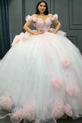 Misshow Baby Pink Tulle Quinceanera Dress Off-Shoulder Beaded Ball Gown with Glitter Pleats for Sweet 16 & Formal Events
