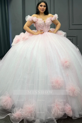 Misshow Baby Pink Tulle Quinceanera Dress Off-Shoulder Beaded Ball Gown with Glitter Pleats for Sweet 16 & Formal Events