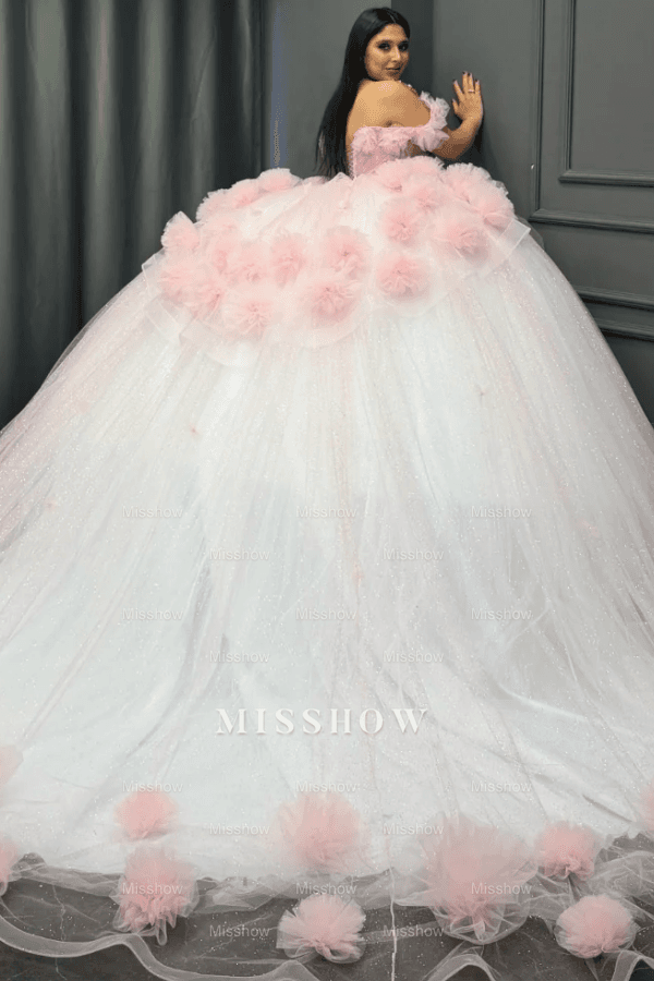 Misshow Baby Pink Tulle Quinceanera Dress Off-Shoulder Beaded Ball Gown with Glitter Pleats for Sweet 16 & Formal Events