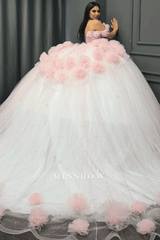 Misshow Baby Pink Tulle Quinceanera Dress Off-Shoulder Beaded Ball Gown with Glitter Pleats for Sweet 16 & Formal Events