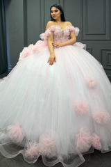Misshow Baby Pink Tulle Quinceanera Dress Off-Shoulder Beaded Ball Gown with Glitter Pleats for Sweet 16 & Formal Events
