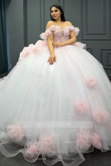 Misshow Baby Pink Tulle Quinceanera Dress Off-Shoulder Beaded Ball Gown with Glitter Pleats for Sweet 16 & Formal Events