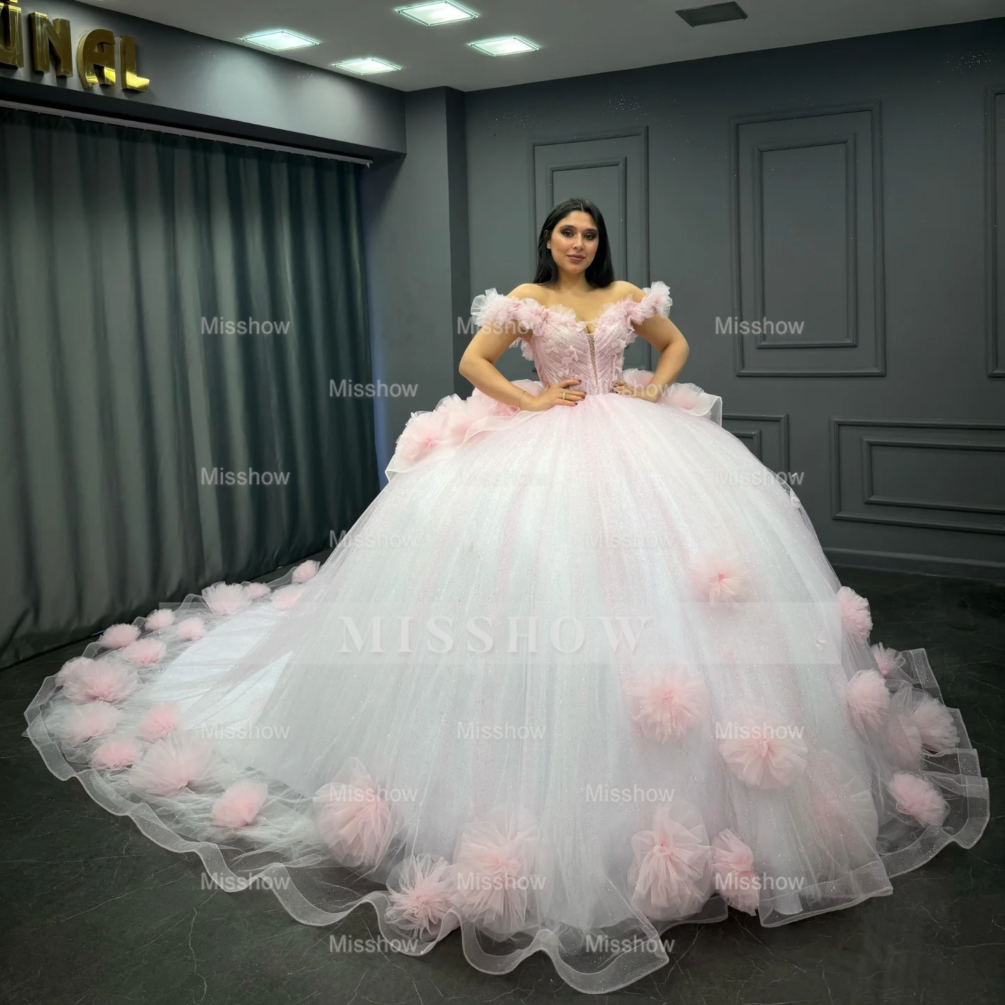 Misshow Baby Pink Tulle Quinceanera Dress Off-Shoulder Beaded Ball Gown with Glitter Pleats for Sweet 16 & Formal Events