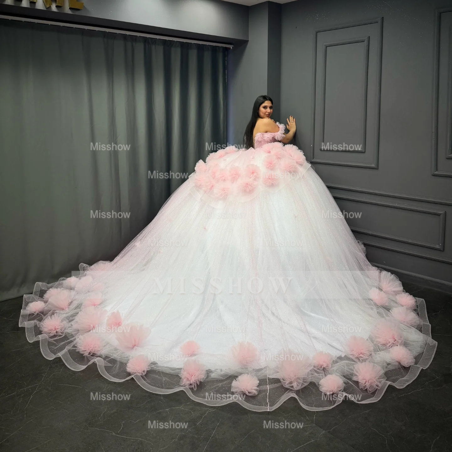 Misshow Baby Pink Tulle Quinceanera Dress Off-Shoulder Beaded Ball Gown with Glitter Pleats for Sweet 16 & Formal Events