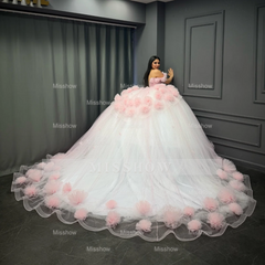 Misshow Baby Pink Tulle Quinceanera Dress Off-Shoulder Beaded Ball Gown with Glitter Pleats for Sweet 16 & Formal Events