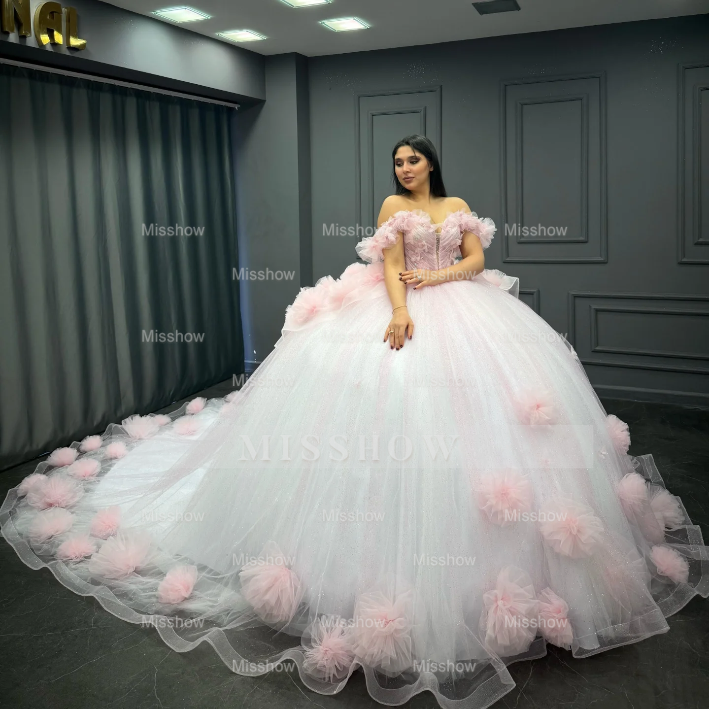 Misshow Baby Pink Tulle Quinceanera Dress Off-Shoulder Beaded Ball Gown with Glitter Pleats for Sweet 16 & Formal Events