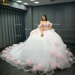 Misshow Baby Pink Tulle Quinceanera Dress Off-Shoulder Beaded Ball Gown with Glitter Pleats for Sweet 16 & Formal Events