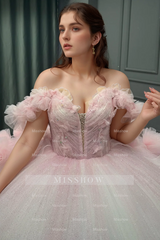 Misshow Baby Pink Tulle Quinceanera Dress Off-Shoulder Beaded Ball Gown with Glitter Pleats for Sweet 16 & Formal Events