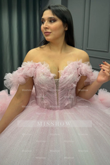Misshow Baby Pink Tulle Quinceanera Dress Off-Shoulder Beaded Ball Gown with Glitter Pleats for Sweet 16 & Formal Events