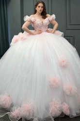 Misshow Baby Pink Tulle Quinceanera Dress Off-Shoulder Beaded Ball Gown with Glitter Pleats for Sweet 16 & Formal Events