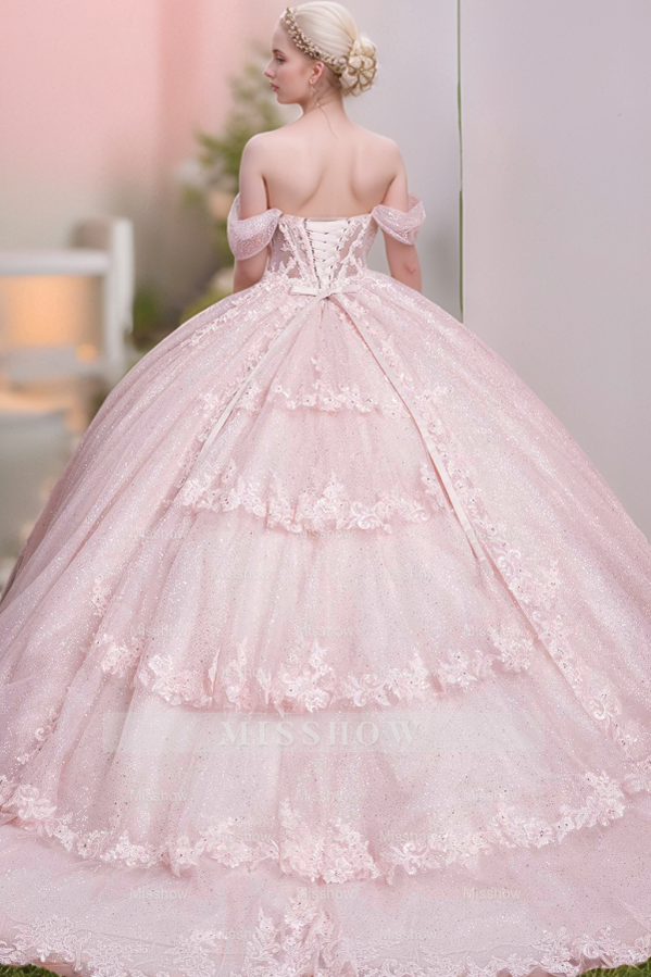 Misshow Baby Pink Tulle Quinceanera Dress Off-Shoulder Glitter Tiered Ball Gown with Floral Appliques for Sweet 16 & Birthday Parties