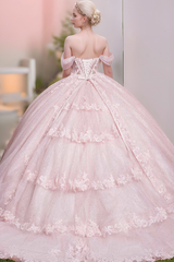 Misshow Baby Pink Tulle Quinceanera Dress Off-Shoulder Glitter Tiered Ball Gown with Floral Appliques for Sweet 16 & Birthday Parties