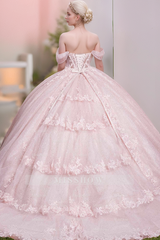 Misshow Baby Pink Tulle Quinceanera Dress Off-Shoulder Glitter Tiered Ball Gown with Floral Appliques for Sweet 16 & Birthday Parties