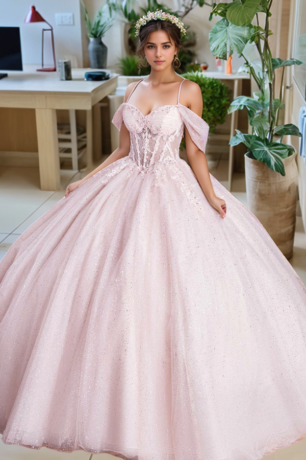 Misshow Baby Pink Tulle Quinceanera Dress Off-Shoulder Glitter Tiered Ball Gown with Floral Appliques for Sweet 16 & Birthday Parties