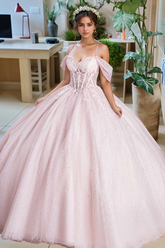 Misshow Baby Pink Tulle Quinceanera Dress Off-Shoulder Glitter Tiered Ball Gown with Floral Appliques for Sweet 16 & Birthday Parties