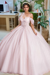Misshow Baby Pink Tulle Quinceanera Dress Off-Shoulder Glitter Tiered Ball Gown with Floral Appliques for Sweet 16 & Birthday Parties