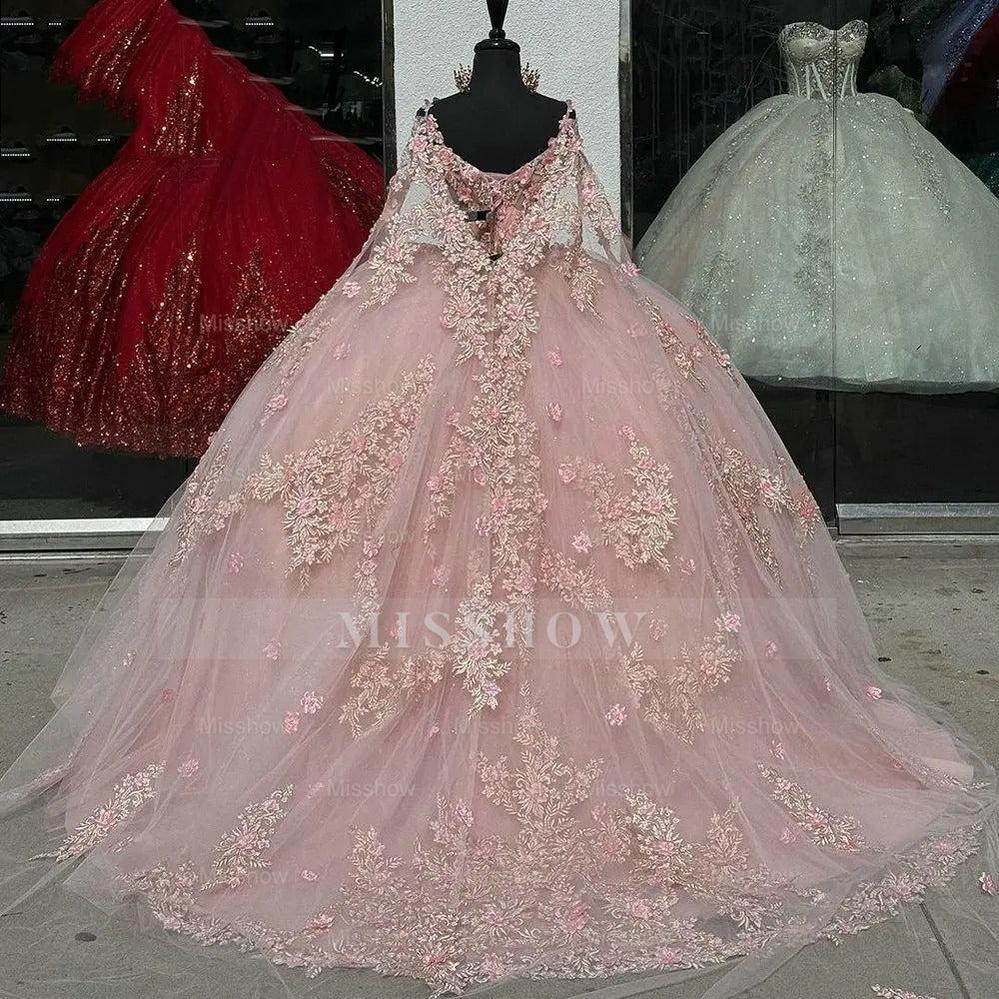 Misshow Ball Gown Off-Shoulder Long Sleeve 3D Floral Lace Applique Beaded Pink Tulle Quinceanera Dress Princess Evening Gown for Sweet 16 & Special Occasions