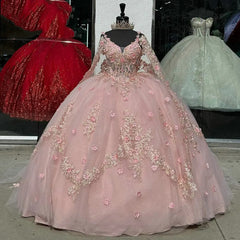 Misshow Ball Gown Off-Shoulder Long Sleeve 3D Floral Lace Applique Beaded Pink Tulle Quinceanera Dress Princess Evening Gown for Sweet 16 & Special Occasions